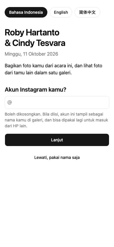 Informasi acara, pilihan bahasa, dan identitas Instagram opsional.